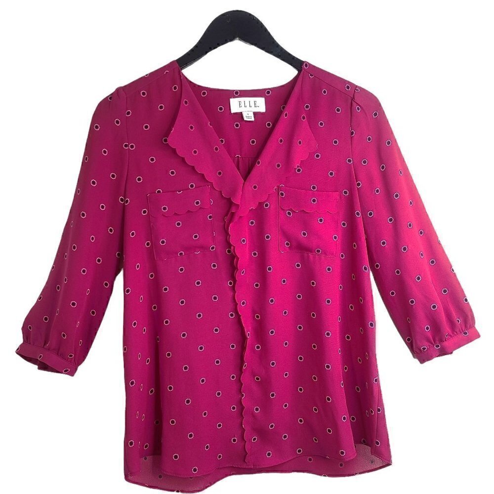 ELLE Burgundy Red3/4 Sleeve Peasant Relaxed Fit Scallop Lightweight Top